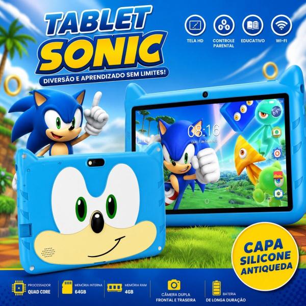 Tablet Infantil Azul Sonic Android WiFi Para Estudos Jogos Vídeos Crianças Kids - Rick Imports