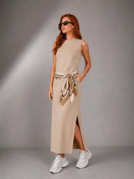 Vestido feminino longo casual com fendas e bolsos de algodão