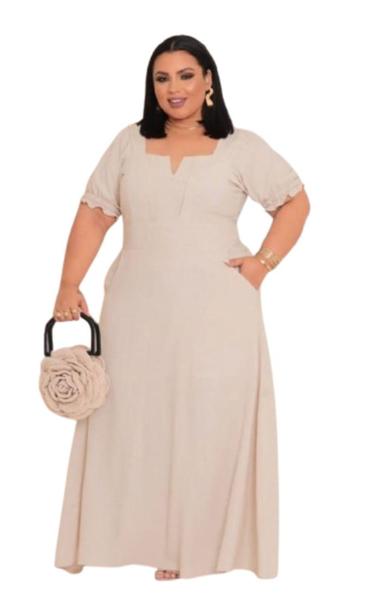 Vestido Longo Feminino Plus Size G2 Linho Evangélico Forrado Bojo Tamanho 48-50