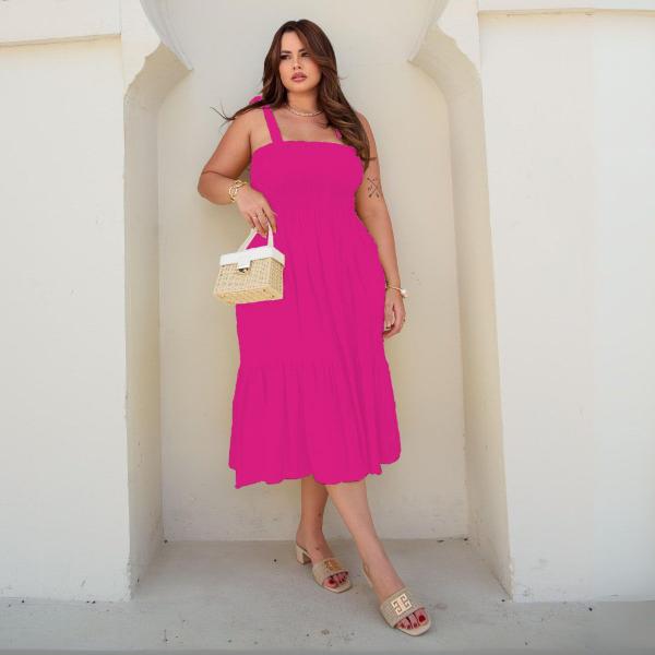 Vestido Midi Feminino Plus Size Soltinho Com Lastex Alça Ajustável Babado Festa 