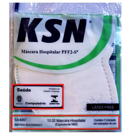 10 Máscaras PFF2 Hospitalar KSN com registro Anvisa e selo Inmentro CA 8357 10.02MH N95 - KSN BRASIL Menor preço em 10 Máscaras PFF2 Hospitalar KSN com registro Anvisa e selo Inmentro CA 8357 10.02MH N95 - KSN BRASIL