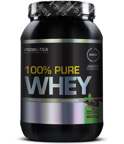 100 Pure Whey 900g Chocolate c/Menta Probiotica Menor preço em 100 Pure Whey 900g Chocolate c/Menta Probiotica