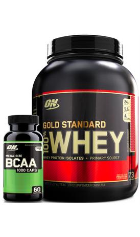 100 Whey Protein Gold Standard (5lbs/2.270g) + BCAA Mega Size 1000 (60 caps) - Optimum Nutrition Menor preço em 100 Whey Protein Gold Standard (5lbs/2.270g) + BCAA Mega Size 1000 (60 caps) - Optimum Nutrition