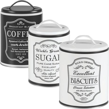 3 Lata Porta Café Açúcar Biscoito Pote Luxo Retro Metal P/b - Bella tavola Menor preço em 3 Lata Porta Café Açúcar Biscoito Pote Luxo Retro Metal P/b - Bella tavola