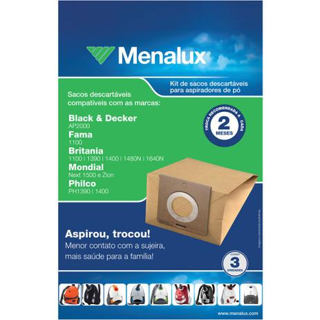 3 Sacos Descartáveis Menalux para Aspirador Black Decker, Fama, Britânia, Mondial e Philco - SIM01 - Electrolux Menor preço em 3 Sacos Descartáveis Menalux para Aspirador Black Decker, Fama, Britânia, Mondial e Philco - SIM01 - Electrolux