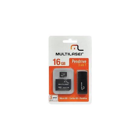 3x1: pendrive + adaptador sd + cartao de memoria classe 10 16gb - Multilaser Menor preço em 3x1: pendrive + adaptador sd + cartao de memoria classe 10 16gb - Multilaser