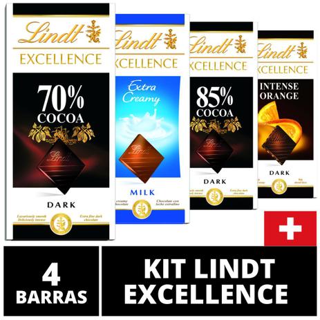 4 Barras| Chocolate Suiço Lindt Excellence| Cacau Nobre| Sabores Sortidos| 4x100g -
