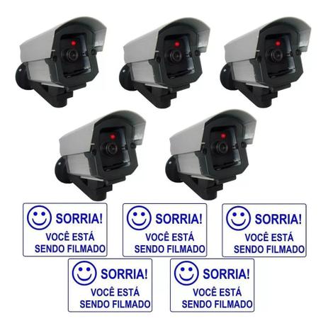 5 Câmeras Falsas Com Led Bivolt + 5 Placas Sorria - CONFISEG Menor preço em 5 Câmeras Falsas Com Led Bivolt + 5 Placas Sorria - CONFISEG