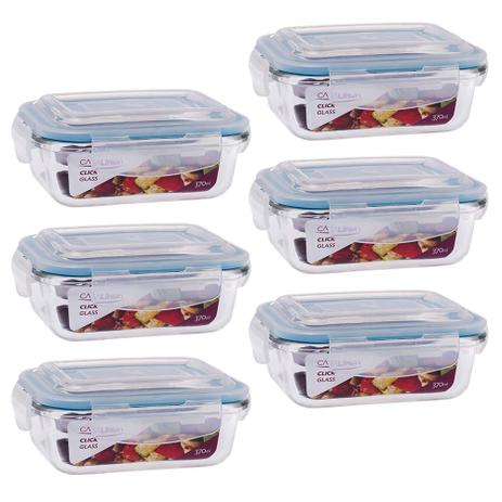 6 Potes Hermético Retangular Vidro Borosilicato Tampa 4 Travas Marmita Micro-ondas 370ML - Click Glass Menor preço em 6 Potes Hermético Retangular Vidro Borosilicato Tampa 4 Travas Marmita Micro-ondas 370ML - Click Glass