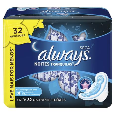 Absorvente Always Noites Tranquilas Seca Com Abas 28cm - 32 unidades Menor preço em Absorvente Always Noites Tranquilas Seca Com Abas 28cm - 32 unidades