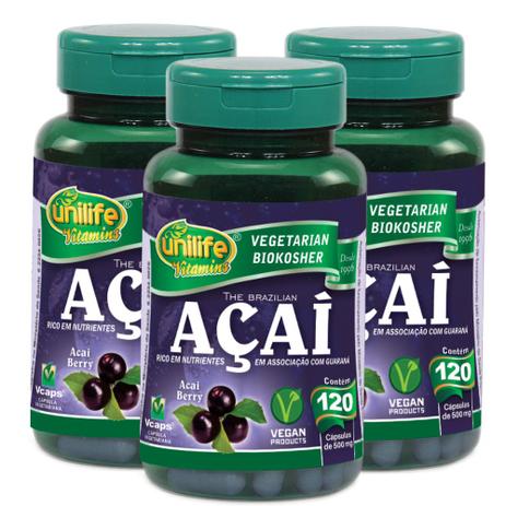 Açaí 60 cápsulas de 500mg Kit com 3 Frascos - Unilife Menor preço em Açaí 60 cápsulas de 500mg Kit com 3 Frascos - Unilife