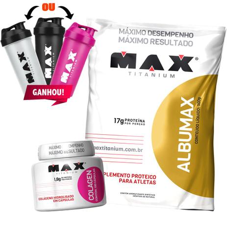 Albumax 500g + Colágeno 100 Cápsulas - Max Titanium Menor preço em Albumax 500g + Colágeno 100 Cápsulas - Max Titanium