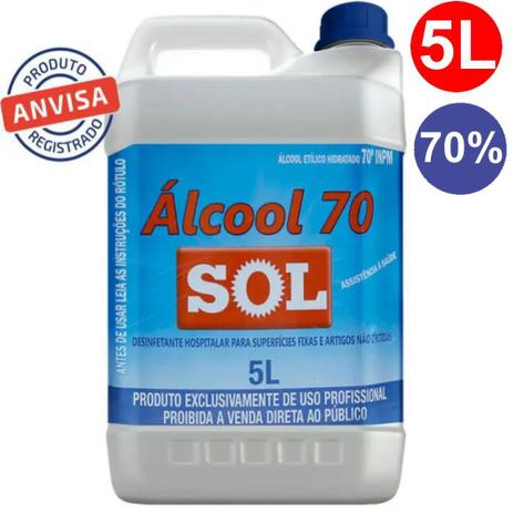 Alcool liquido 70 INPM Galão com 5 Litros - Sol Menor preço em Alcool liquido 70 INPM Galão com 5 Litros - Sol