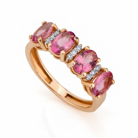 Anel de Ouro 18k Meia Aliança com Turmalinas Rosa e Diamantes an32746 - Joiasgold Menor preço em Anel de Ouro 18k Meia Aliança com Turmalinas Rosa e Diamantes an32746 - Joiasgold
