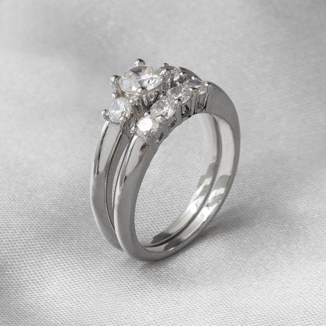 Anel de Prata Duplo Meia Aliança e Solitário com Zircônia Cristal - Prata fina Menor preço em Anel de Prata Duplo Meia Aliança e Solitário com Zircônia Cristal - Prata fina