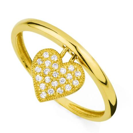 Anel em Ouro 18k Coração Pendurado com Zircônias an31353 - Joiasgold Menor preço em Anel em Ouro 18k Coração Pendurado com Zircônias an31353 - Joiasgold
