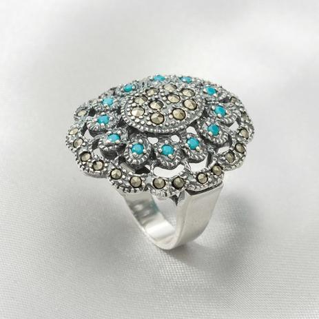 Anel em Prata Flor com Marcassitas e Nano Turquesa - Prata fina Menor preço em Anel em Prata Flor com Marcassitas e Nano Turquesa - Prata fina