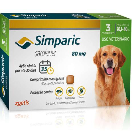 Anti Pulgas Zoetis Simparic 80 Mg Para Cães 20,1 a 40 Kg Menor preço em Anti Pulgas Zoetis Simparic 80 Mg Para Cães 20,1 a 40 Kg