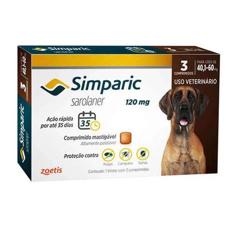 Antipulgas e Carrapatos Zoetis Simparic 120mg Para Cães 40,1 à 60kg Com 3 Comprimidos Menor preço em Antipulgas e Carrapatos Zoetis Simparic 120mg Para Cães 40,1 à 60kg Com 3 Comprimidos