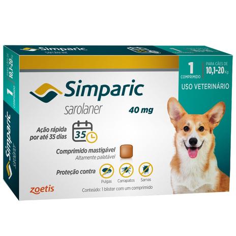 Antipulgas E Carrapatos Zoetis Simparic 40mg Para Cães 10,1 A 20kg Com 1 Comprimidos é boa?