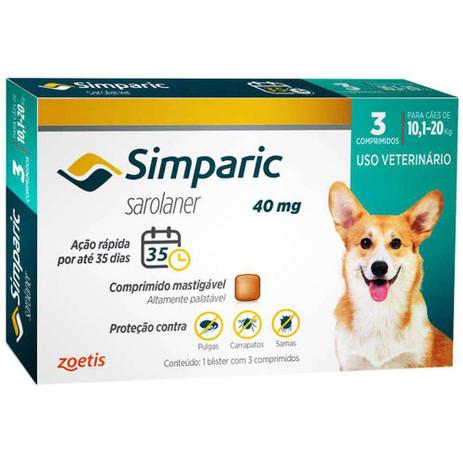 Antipulgas E Carrapatos Zoetis Simparic Para Cães 10,1 A 20kg 40mg Com 3 Comprimidos Menor preço em Antipulgas E Carrapatos Zoetis Simparic Para Cães 10,1 A 20kg 40mg Com 3 Comprimidos