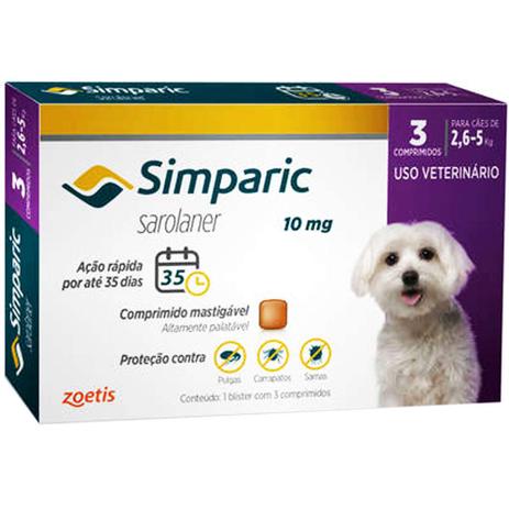 Antipulgas E Carrapatos Zoetis Simparic Para Cães 2,6 a 5kg 10mg Com 3 Comprimidos Menor preço em Antipulgas E Carrapatos Zoetis Simparic Para Cães 2,6 a 5kg 10mg Com 3 Comprimidos