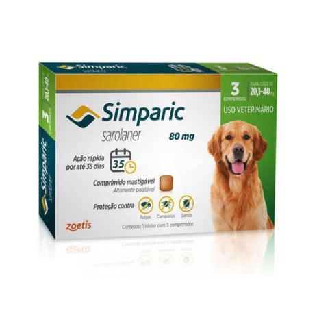 Antipulgas simparic 3 comp 80 mg cães (20,1 kg - 40 kg) - ZOETIS PET Menor preço em Antipulgas simparic 3 comp 80 mg cães (20,1 kg - 40 kg) - ZOETIS PET