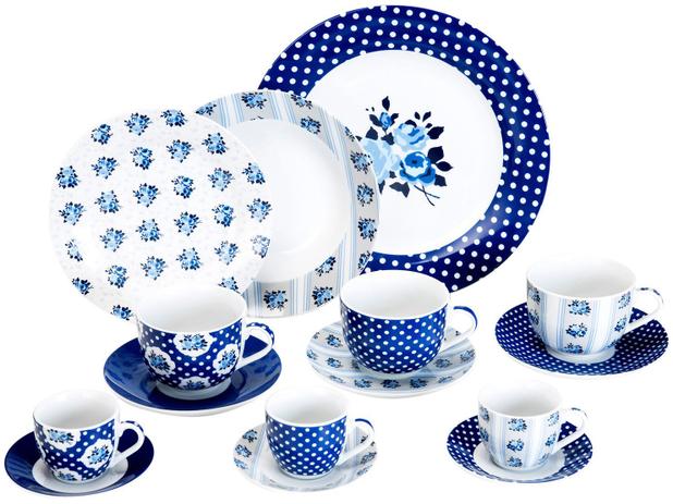 Aparelho de Jantar Chá 30 Peças Casambiente - Porcelana Redondo Branco e Azul Isadora