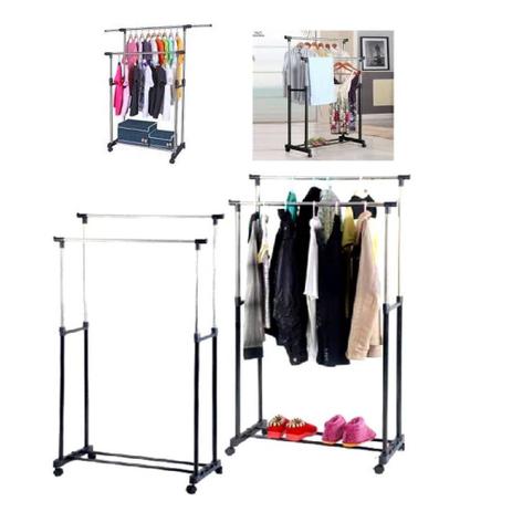Arara roupas dupla sapateira cabideiro guarda roupa inox regulavel cromado varal com rodinhas completa - Makeda Menor preço em Arara roupas dupla sapateira cabideiro guarda roupa inox regulavel cromado varal com rodinhas completa - Makeda