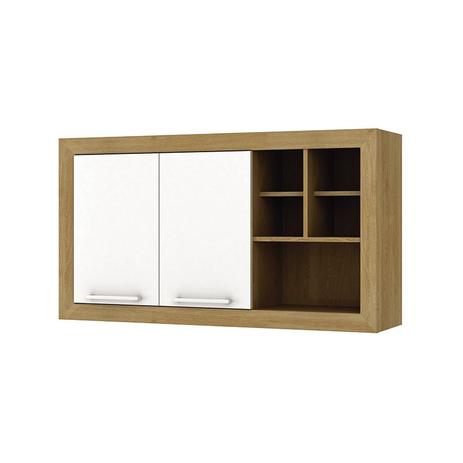 Armário Aéreo Duplo com Nicho de 120 cm Aspen Carvalho e Branco - Ditalia móveis Menor preço em Armário Aéreo Duplo com Nicho de 120 cm Aspen Carvalho e Branco - Ditalia móveis
