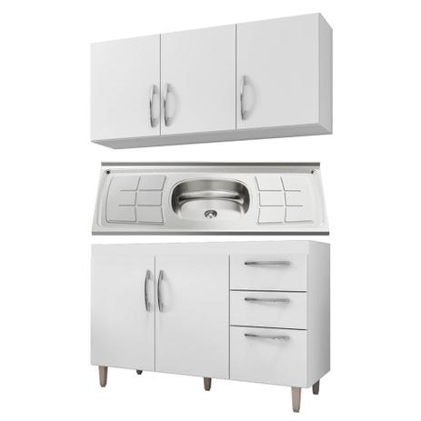 Armário Aéreo e Balcão Gabinete Isabel com Pia Inox 120cm Branco - AJL Móveis Menor preço em Armário Aéreo e Balcão Gabinete Isabel com Pia Inox 120cm Branco - AJL Móveis