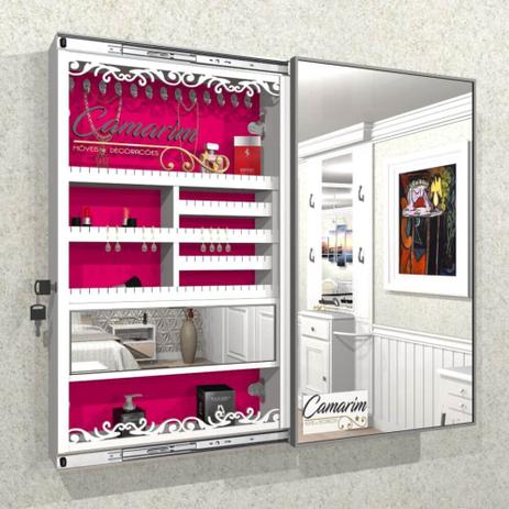 Armário Porta Joia C/ Porta de Espelho em Moldura de Alumínio e ILUMINAÇÃO LED - PJC100 BRANCO - VELUDO ROSA - Camarim móveis Menor preço em Armário Porta Joia C/ Porta de Espelho em Moldura de Alumínio e ILUMINAÇÃO LED - PJC100 BRANCO - VELUDO ROSA - Camarim móveis