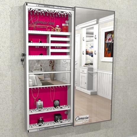 Armário Porta Joia C/ Porta de Espelho em Moldura de Alumínio e ILUMINAÇÃO LED - PJC150 BRANCO - VELUDO ROSA - Camarim móveis Menor preço em Armário Porta Joia C/ Porta de Espelho em Moldura de Alumínio e ILUMINAÇÃO LED - PJC150 BRANCO - VELUDO ROSA - Camarim móveis