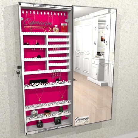 Armário Porta Joia C/ Porta De Espelho em Moldura de Alumínio - PJ150 BRANCO - VELUDO ROSA - Camarim móveis Menor preço em Armário Porta Joia C/ Porta De Espelho em Moldura de Alumínio - PJ150 BRANCO - VELUDO ROSA - Camarim móveis