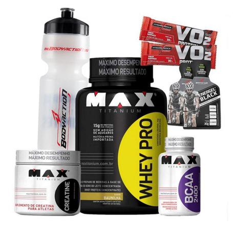 Aumento de força Whey Pro 1kg Creatina 100g Bcaa 2400 60caps Squeeze Gel Barra Proteica wey way - Max titanium Menor preço em Aumento de força Whey Pro 1kg Creatina 100g Bcaa 2400 60caps Squeeze Gel Barra Proteica wey way - Max titanium