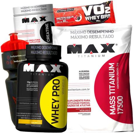 Aumento de Massa Muscular Corpo - Whey Pro 1kg Massa Titanium 3kg Creatina 100g Squeeze Barrinha - Max titanium Menor preço em Aumento de Massa Muscular Corpo - Whey Pro 1kg Massa Titanium 3kg Creatina 100g Squeeze Barrinha - Max titanium