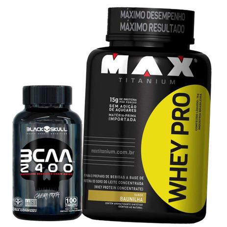 Aumento de massa muscular - Whey Pro 1kg Bcaa 2400 100caps - Black Skull Max Titanium Menor preço em Aumento de massa muscular - Whey Pro 1kg Bcaa 2400 100caps - Black Skull Max Titanium