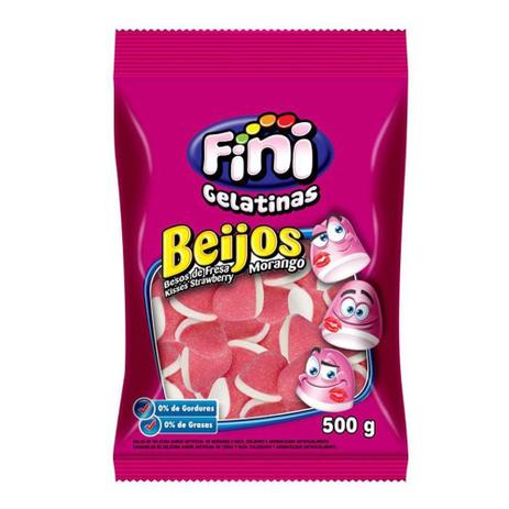 Bala de Gelatina Beijos de Morango 500g - Fini Menor preço em Bala de Gelatina Beijos de Morango 500g - Fini