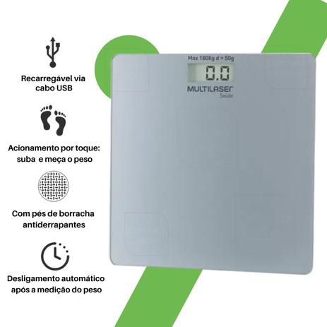 Balança de Peso Corporal Recarregável Via Usb - Prata HC411 - Multilaser Menor preço em Balança de Peso Corporal Recarregável Via Usb - Prata HC411 - Multilaser