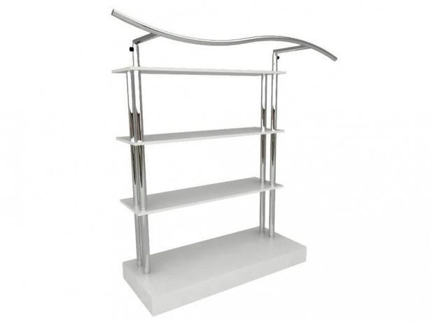Balcão para exposição 4 níveis Comac em MDF e cabideiro modelo onda Tamanho 136x134x50cm em alumínio Menor preço em Balcão para exposição 4 níveis Comac em MDF e cabideiro modelo onda Tamanho 136x134x50cm em alumínio
