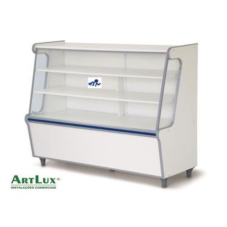 Balcão Vitrine Seco 1,20m Artlux Branco Faixa Azul Menor preço em Balcão Vitrine Seco 1,20m Artlux Branco Faixa Azul