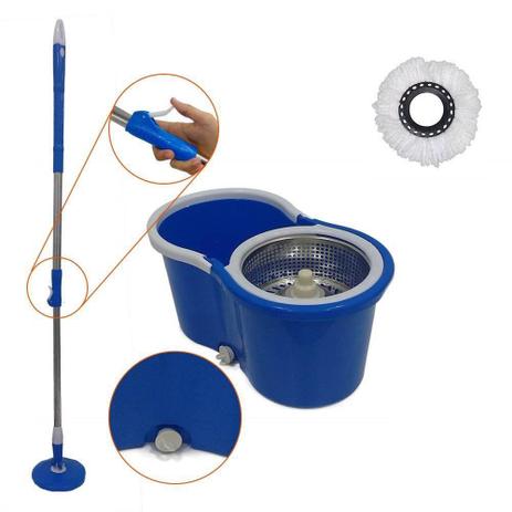 Balde Mop Spin Centrifuga Inox E Cabo C/ 1 Refil - Azul - Newmix Menor preço em Balde Mop Spin Centrifuga Inox E Cabo C/ 1 Refil - Azul - Newmix