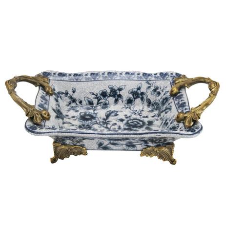 Bandeja em Porcelana c/ Metal Azul Florido - Prime home decor Menor preço em Bandeja em Porcelana c/ Metal Azul Florido - Prime home decor