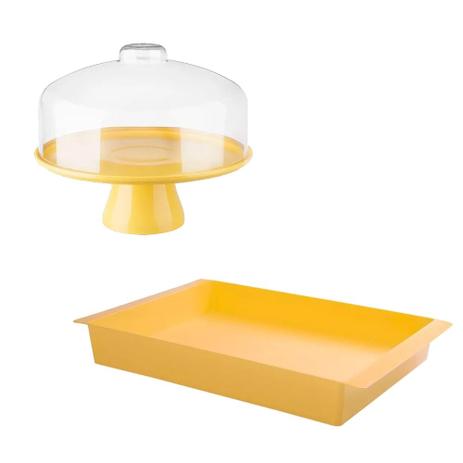 Bandeja Retangular + Boleira com Cúpula 32cm Cake Amarelo Coza - Brinox Menor preço em Bandeja Retangular + Boleira com Cúpula 32cm Cake Amarelo Coza - Brinox