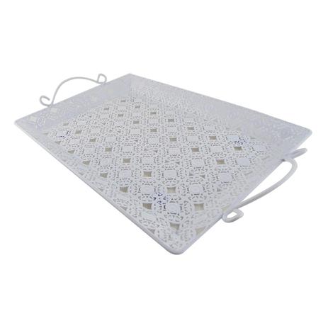 Bandeja Retro Retangular Metal Modelo Renda com Alça Branca 40x25cm - Carisma Menor preço em Bandeja Retro Retangular Metal Modelo Renda com Alça Branca 40x25cm - Carisma