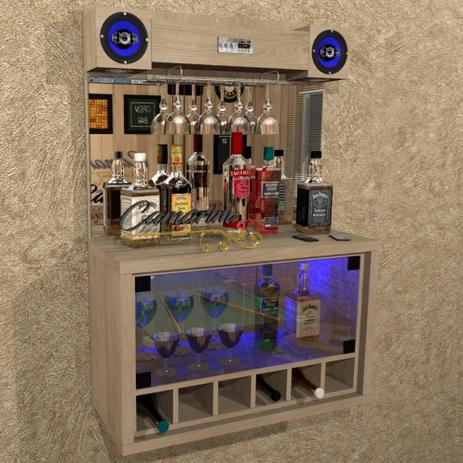Barzinho " TOP " COM CAIXA DE SOM 5" - 6 adegas, cristaleira, Iluminação LED RGB - Bar23 CARVALHO - CAMARIM MÓVEIS Menor preço em Barzinho " TOP " COM CAIXA DE SOM 5" - 6 adegas, cristaleira, Iluminação LED RGB - Bar23 CARVALHO - CAMARIM MÓVEIS