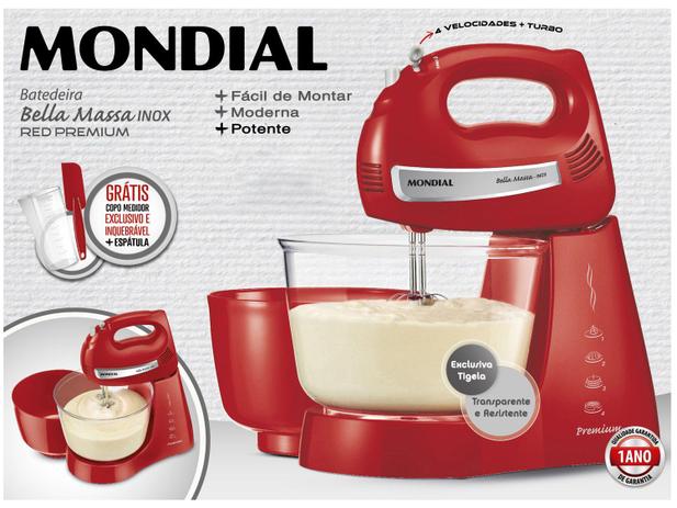 Batedeira Mondial Vermelha 400W Premium - Bella Massa B-29 04 Velocidades