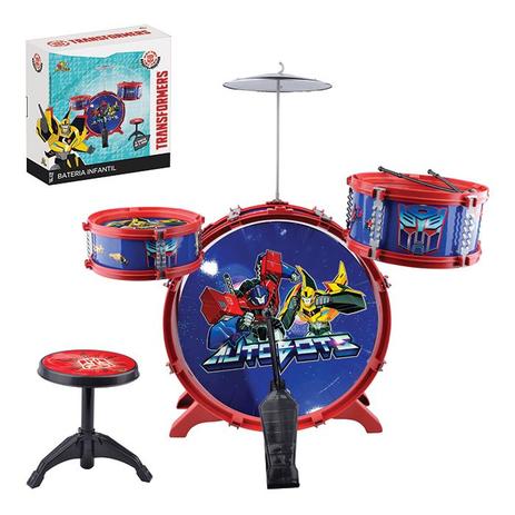 Bateria musical infantil transformers grande completa com pedal e banqueta 7 peças - Gimp Menor preço em Bateria musical infantil transformers grande completa com pedal e banqueta 7 peças - Gimp