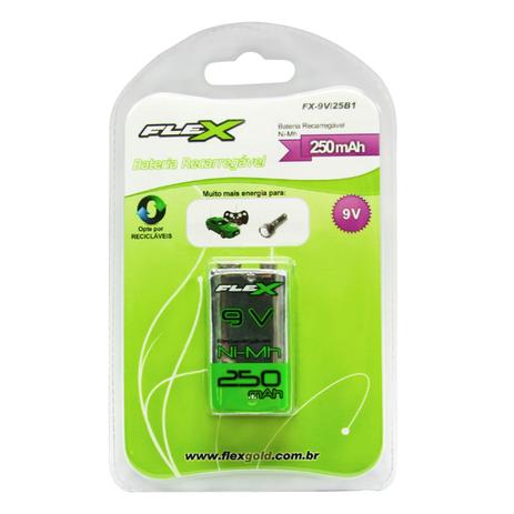 Bateria Recarregável 9v 250mah 6f22 Nimh Br9v250mah Flex Menor preço em Bateria Recarregável 9v 250mah 6f22 Nimh Br9v250mah Flex