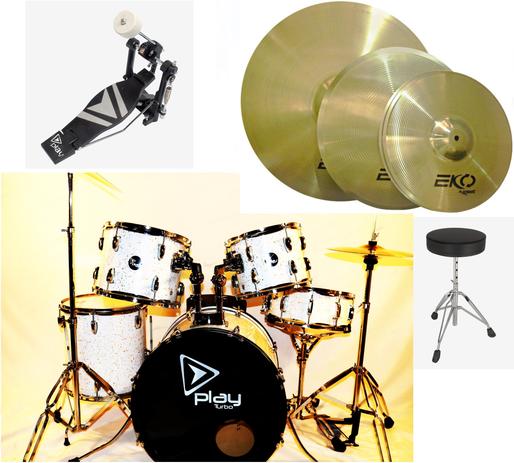 Bateria Turbo Play Branca Milk Gold bumbo de 20 e Kit de Pratos Krest EKO Menor preço em Bateria Turbo Play Branca Milk Gold bumbo de 20 e Kit de Pratos Krest EKO